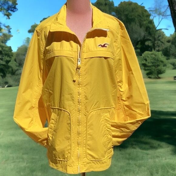 HOLLISTER MENS XL YELLOW WIND BREAKER RAIN COAT JACKET ZIP UP WATER RESISTANT - Picture 2 of 7